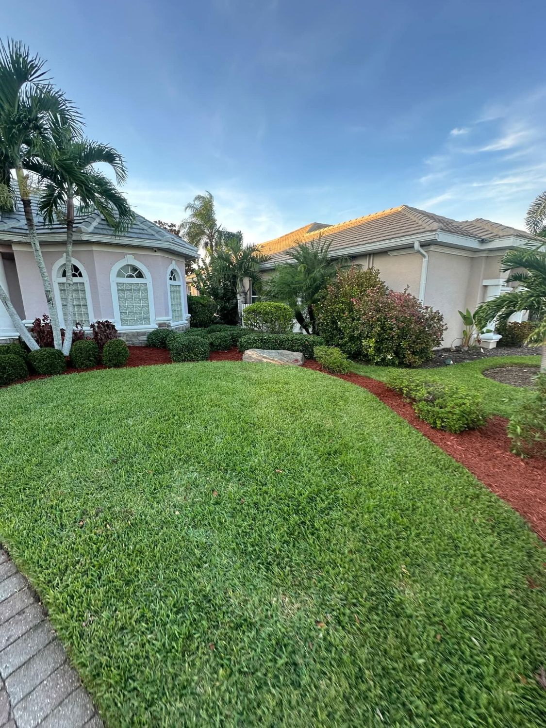 Green lawn, rounded shrubs and red mulch beds in front of a stucco home