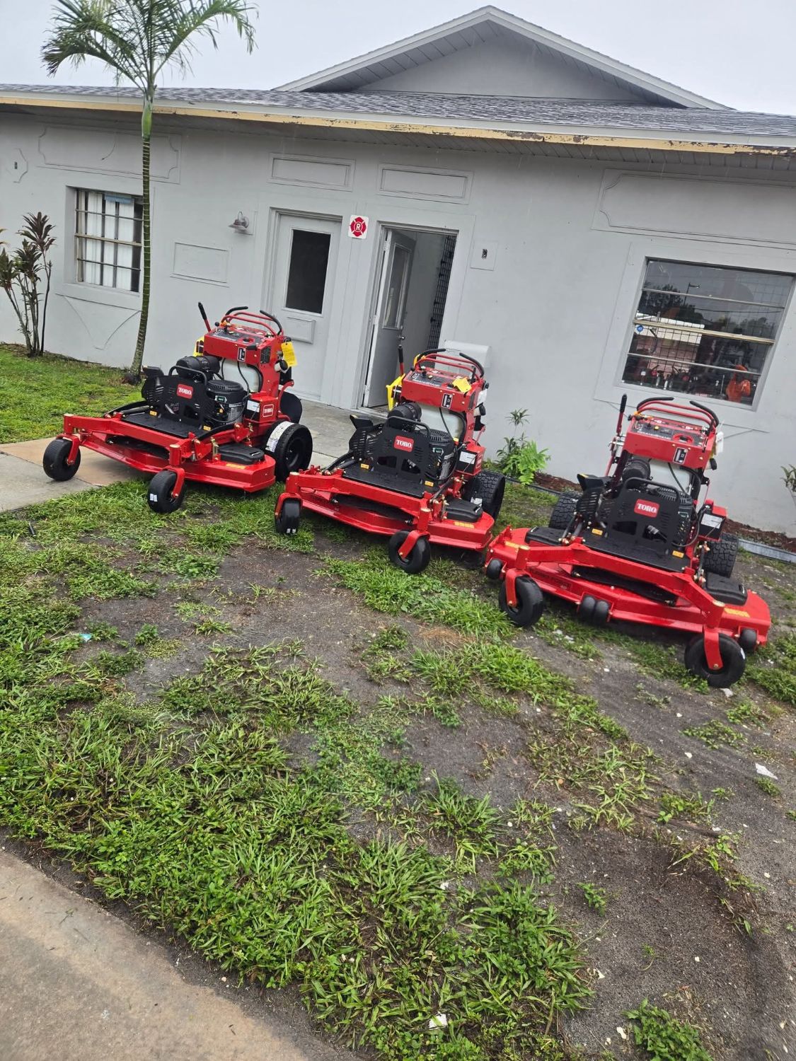 Three red Toro stand-on mowers lined up on a lawn